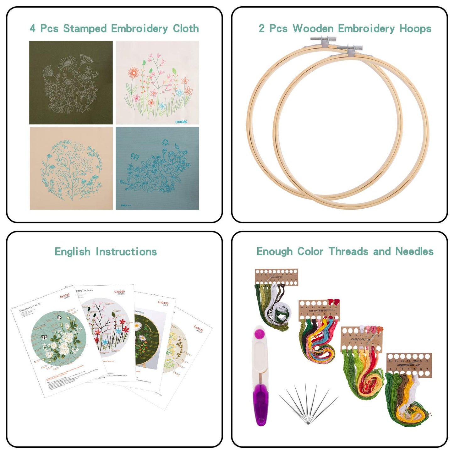 Embroidery Starters Kit with Pattern for Beginners, 4 Pack Cross Stitch Kits, 2 Wooden Embroidery Hoops,Scissors,Needles and Color Threads,Needlepoint Kit for Adults