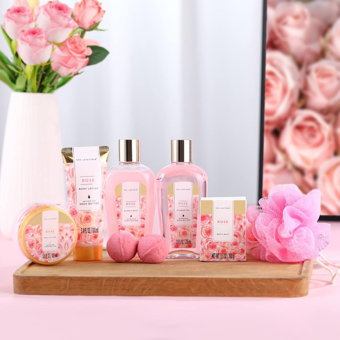 spa luxetique Gift Set For Women, Bath Sets for Women Gift, 8 Pcs Rose Spa Basket Includes Bubble Bath, Shower Gel, Body Lotion, Mom Birthday Gifts, Mother‘s Day Gifts for Her