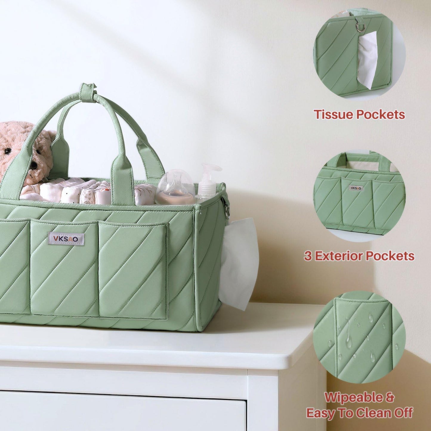 VKSAO Baby Essentials Diaper Caddy Organizer – Portable Storage Basket with Shoulder Strap & Stroller Hooks, Splashproof Quilted Nursery & Car Tote, Gender Neutral Gifts for Baby Shower, Sage Green