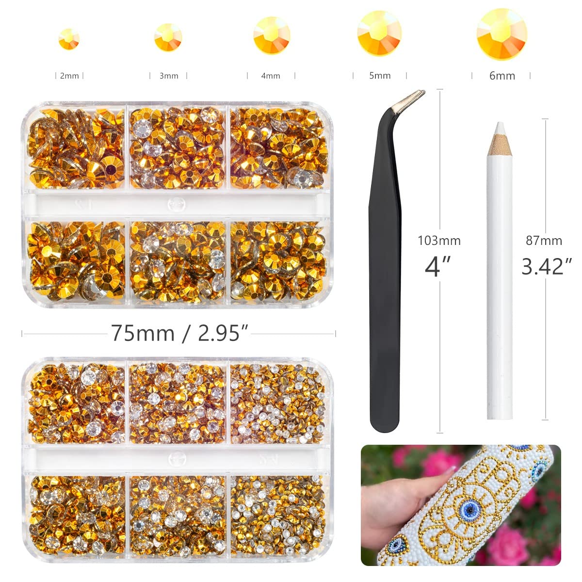 qiipii 3060PCS Bright Gold Resin Flatback Rhinestones for Tumblers Crafts Clear Golden Flatback Jelly Rhinestone 2mm 3mm 4mm 5mm 6mm Non-Hotfix Golden Gems Stones for Tumblers Mugs Bottles DIY Crafts