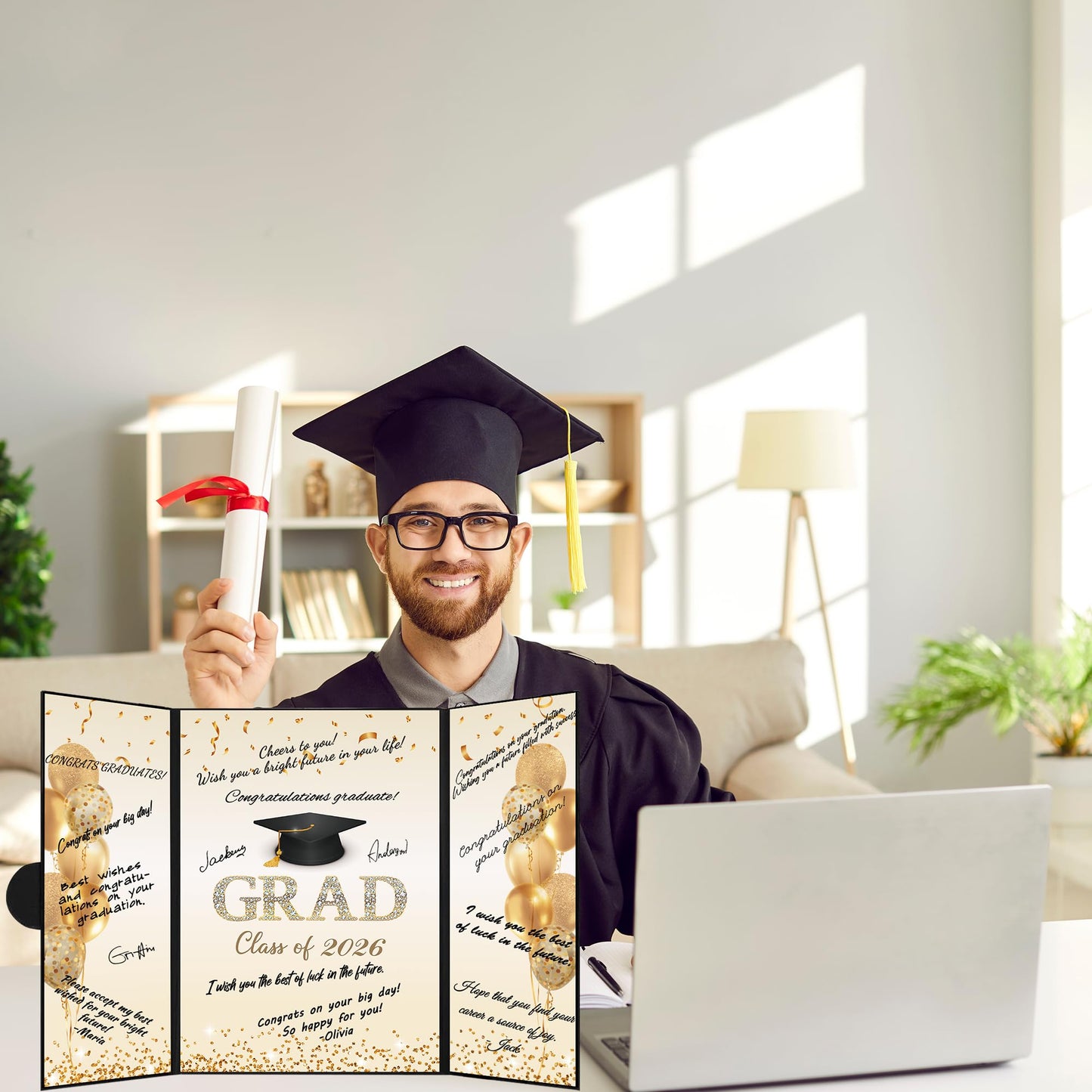 DARUNAXY Black Gold Graduation Party Decorations, Class of 2026 Congratulations Graduates Alternative Signature Guest Book for Men Women Happy Graduation Gifts Congrats Grad Party Signing Card Board