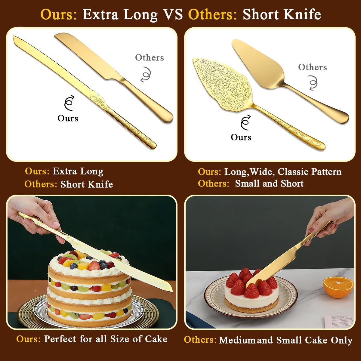 Berglander Gold Wedding Cake Knife and Server Set, Titanium Gold Plating With Unique Pattern Design Cake Cutter Serving Set Perfect For Wedding, Birthday, Parties and Events Dishwasher Safe