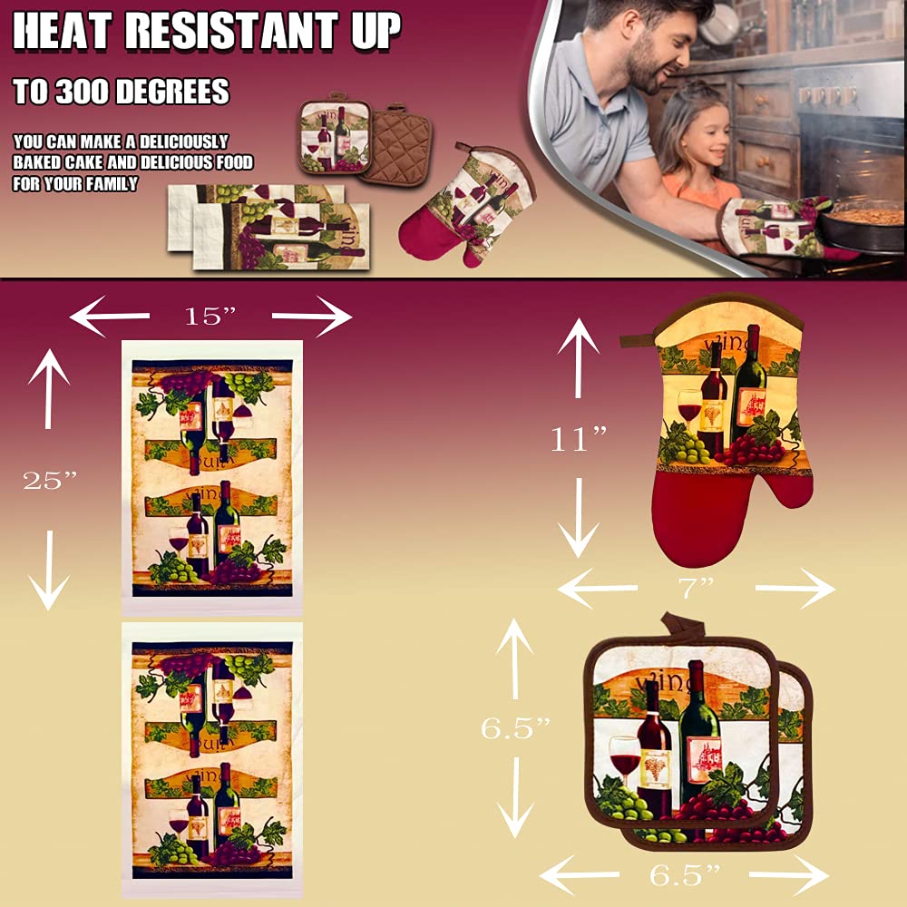 Lobyn Value Packs - Wine Lover’s Kitchen Set: 5 Pieces with Grape & Wine Bottle Motif, includes 2 Artistic Dish Towels, Oven Mitt, and 2 Quilted Potholders