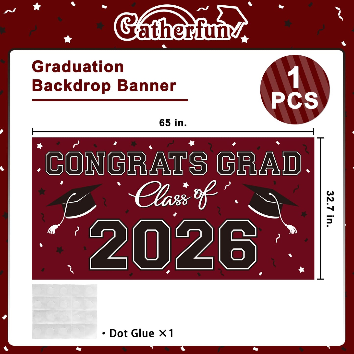 2026 Graduation Party Plastic Backdrop - 65" x 32.7" Congrats Grad Banner in Maroon, Large Class of 2026 Decorations, Photography & Grad Party Supplies