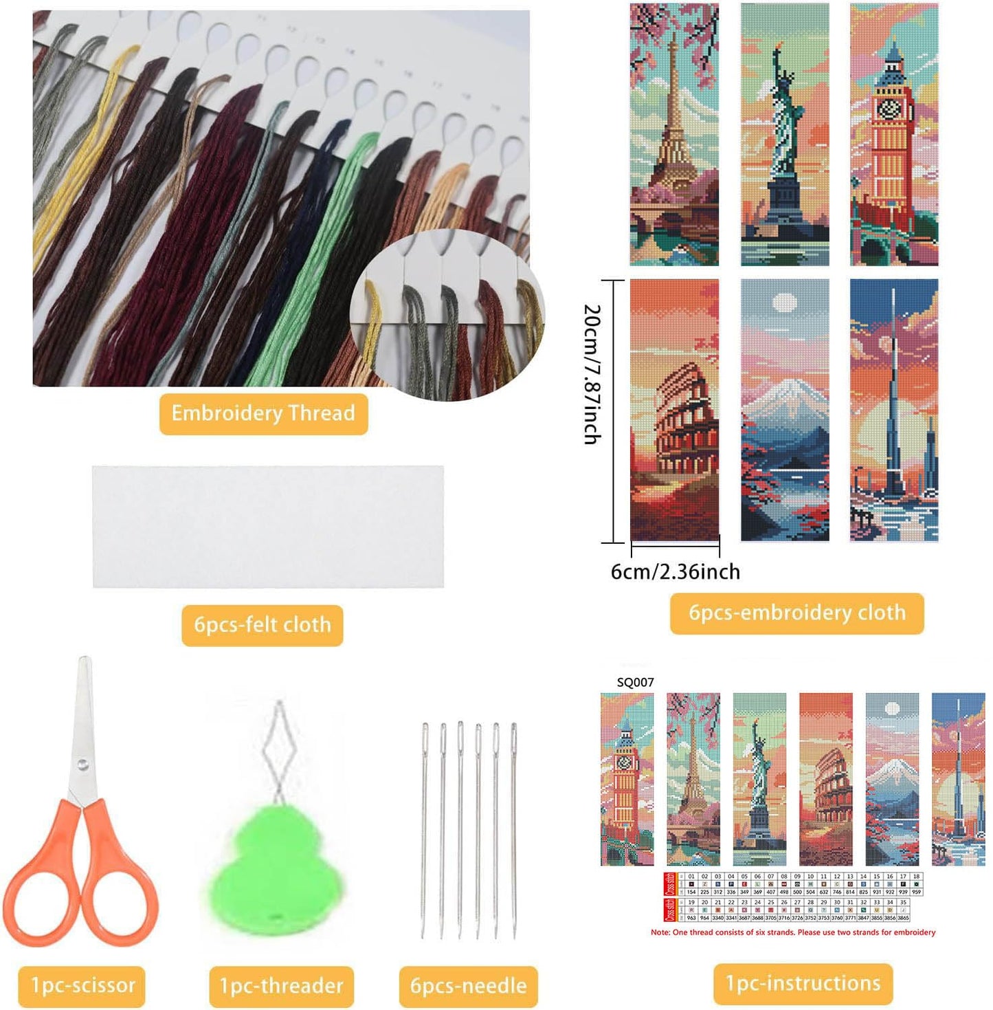 6 Pcs Cityscape Cross Stitch Bookmark Kit for Adult Beginners,Famous Buildings Cross Stitch Kits 14 CT DIY Crossstitch Kits Adult Stamped Bookmark Embroidery Bookmarks Kit