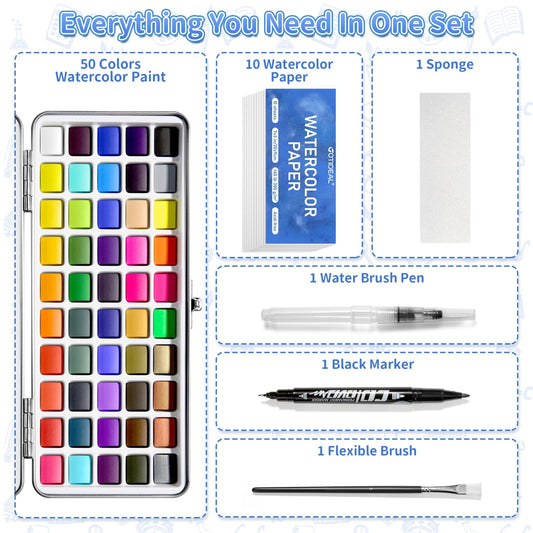 Watercolor Paint Set, 50 Vivid Colors with Portable Carrying Case, Perfect Travel Water Colors Paint Adult Set for Artists,Beginners,Professionals