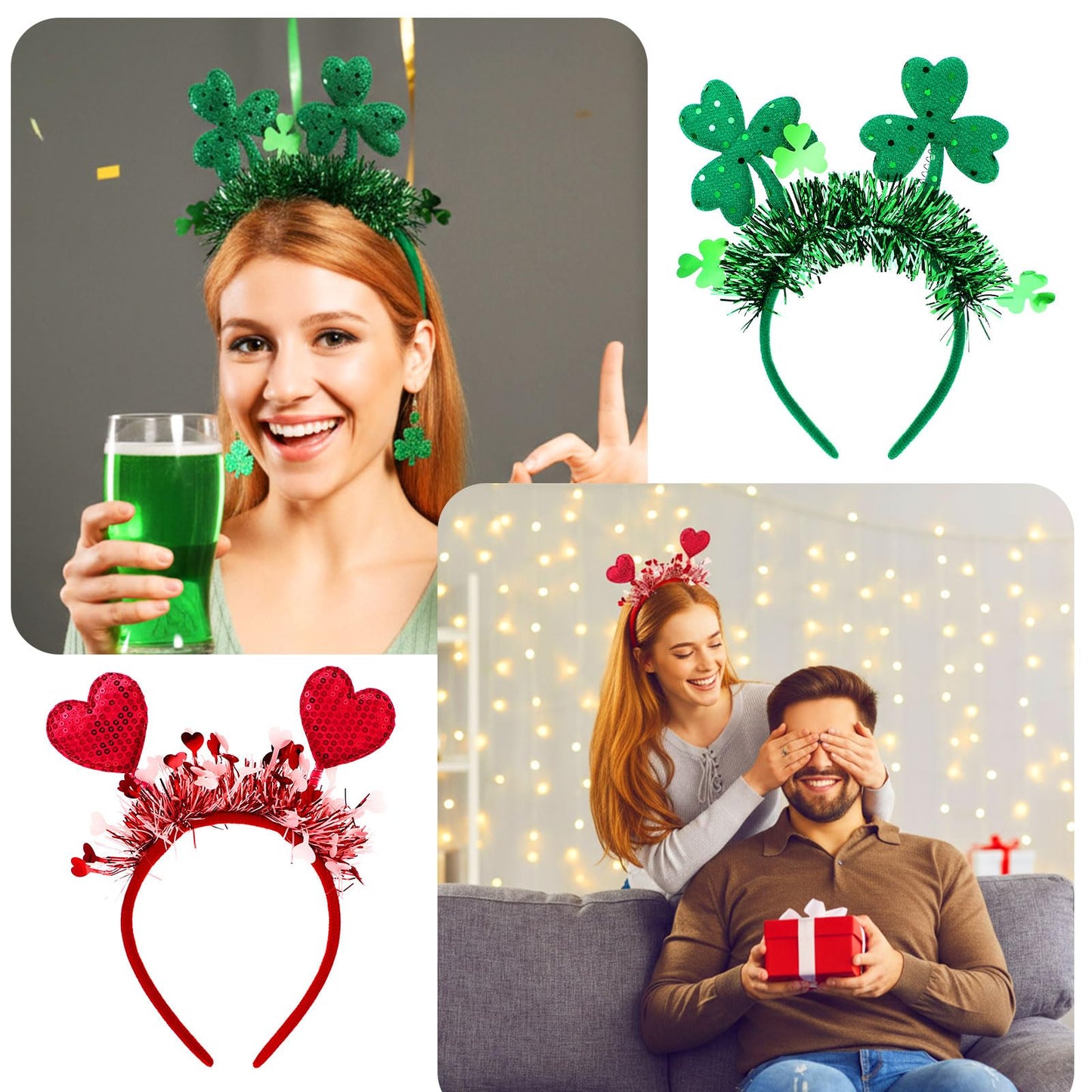 2 Pcs Valentine's Day St. Patrick's Day Headbands Set Sequin Heart and Green Clover Glittery Hair Accessories for Women Men Party Gift Decoration
