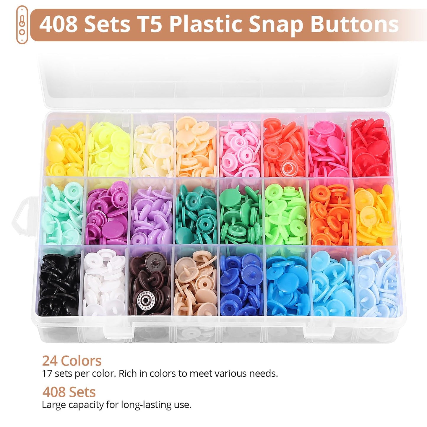 Snaps and Snap Pliers Set, 408 Sets T5 Plastic Snap Buttons 24 Colors, Snap Fasteners Snap Press Pliers Snaps Starter Kit Snap Setter Tool for Clothes Sewing Bibs Rain Coat DIY Crafting