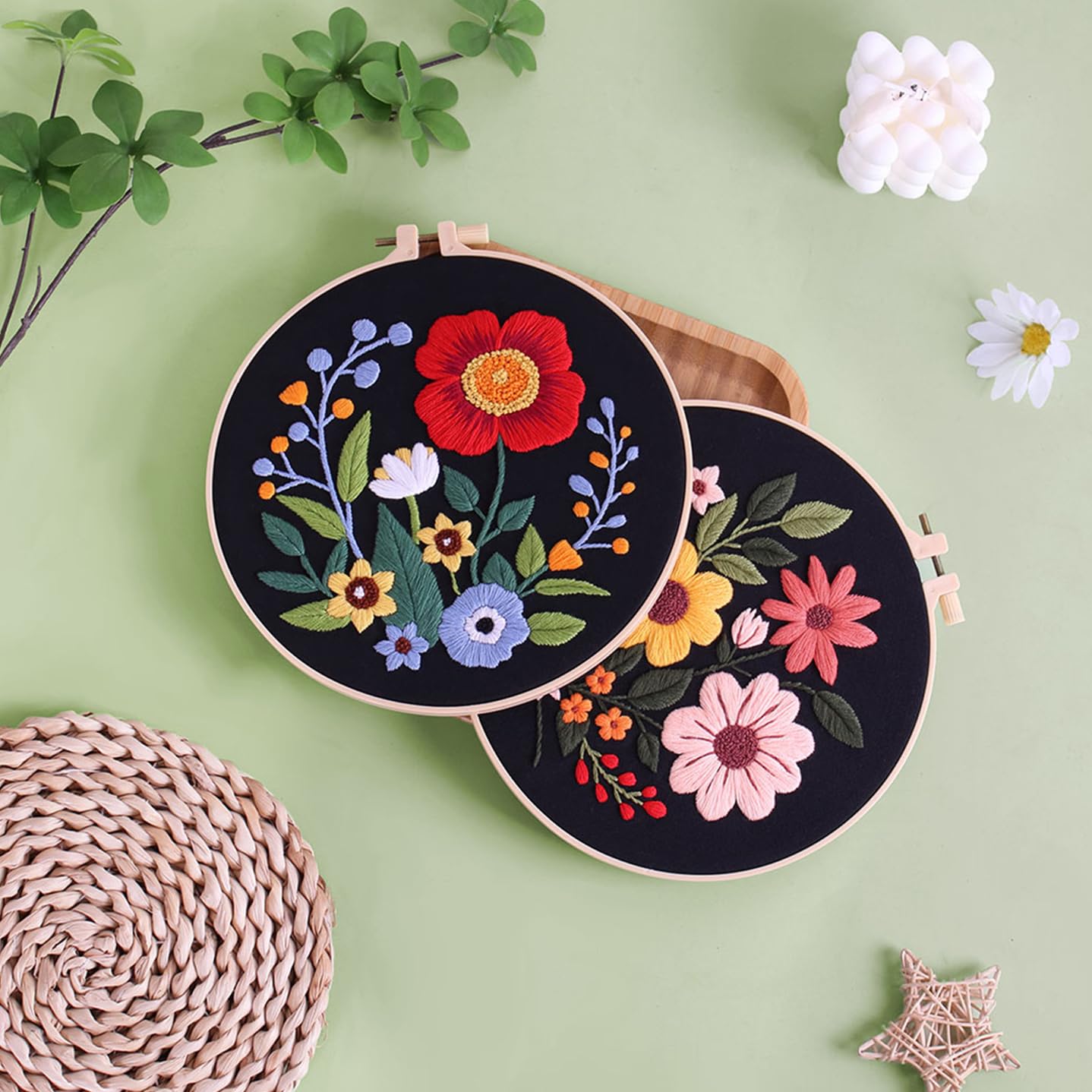 3 Sets Flowers Embroidery Kits for Beginners,Cross Stitch Kit for Adults,Crewel Starters Needlepoint with Floral Pattern,Hoop,Threads and Instruction