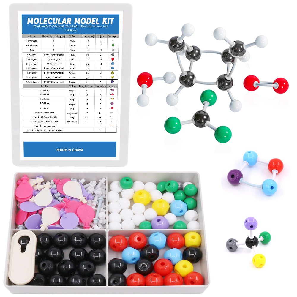 Swpeet 178 Pcs Molecular Model Kit for Inorganic & Organic Molecular Model Teacher and 16 Years and Over Teenages Kit - 69 Atoms & 30 Orbitals & 78 Links & 1 Short Link Remover Tool - Science Toys
