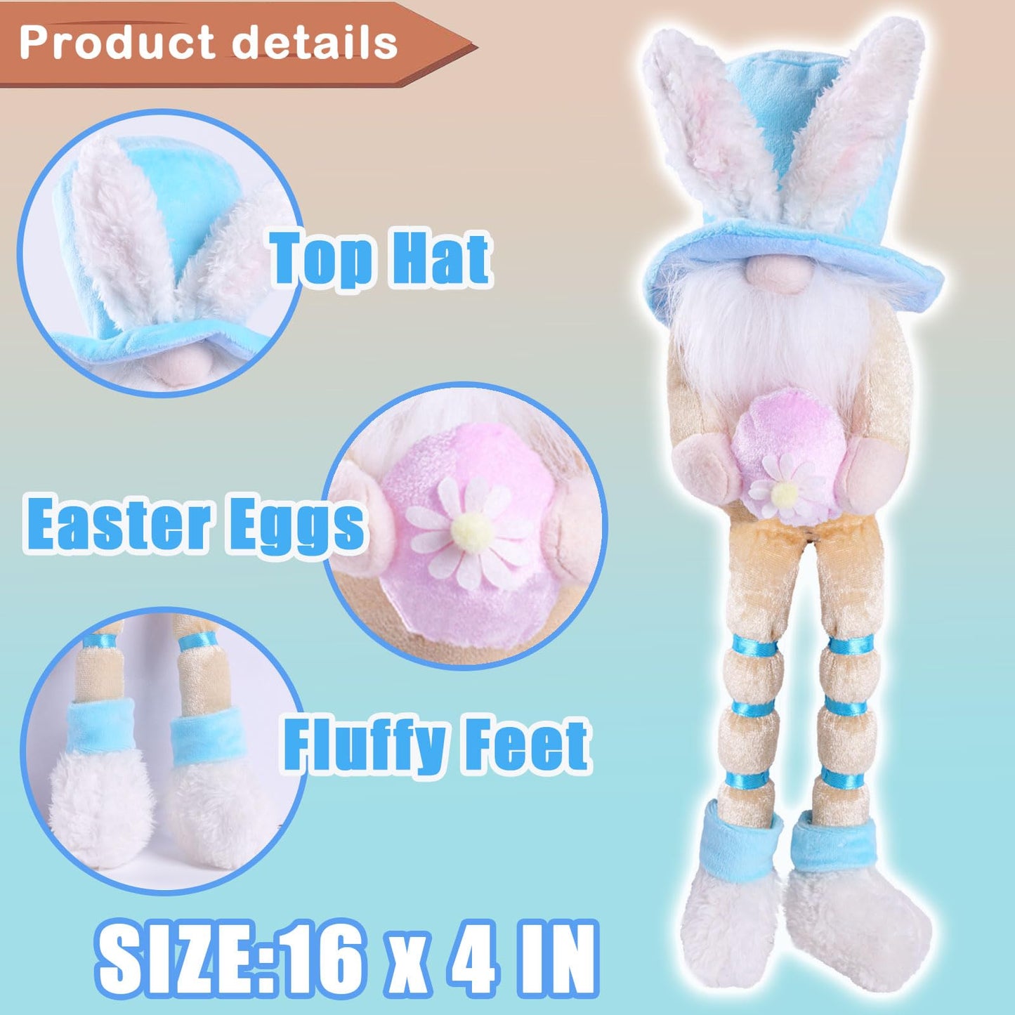 Easter Gnomes Plush Decorations - 3PCS Long Dangle Leg Bunny Gnomes Handmade Hold Egg Lily Flower Carrot, Rabbit Elf Dolls for Easter Day Home Table Ornament, Tiered Tray Decor