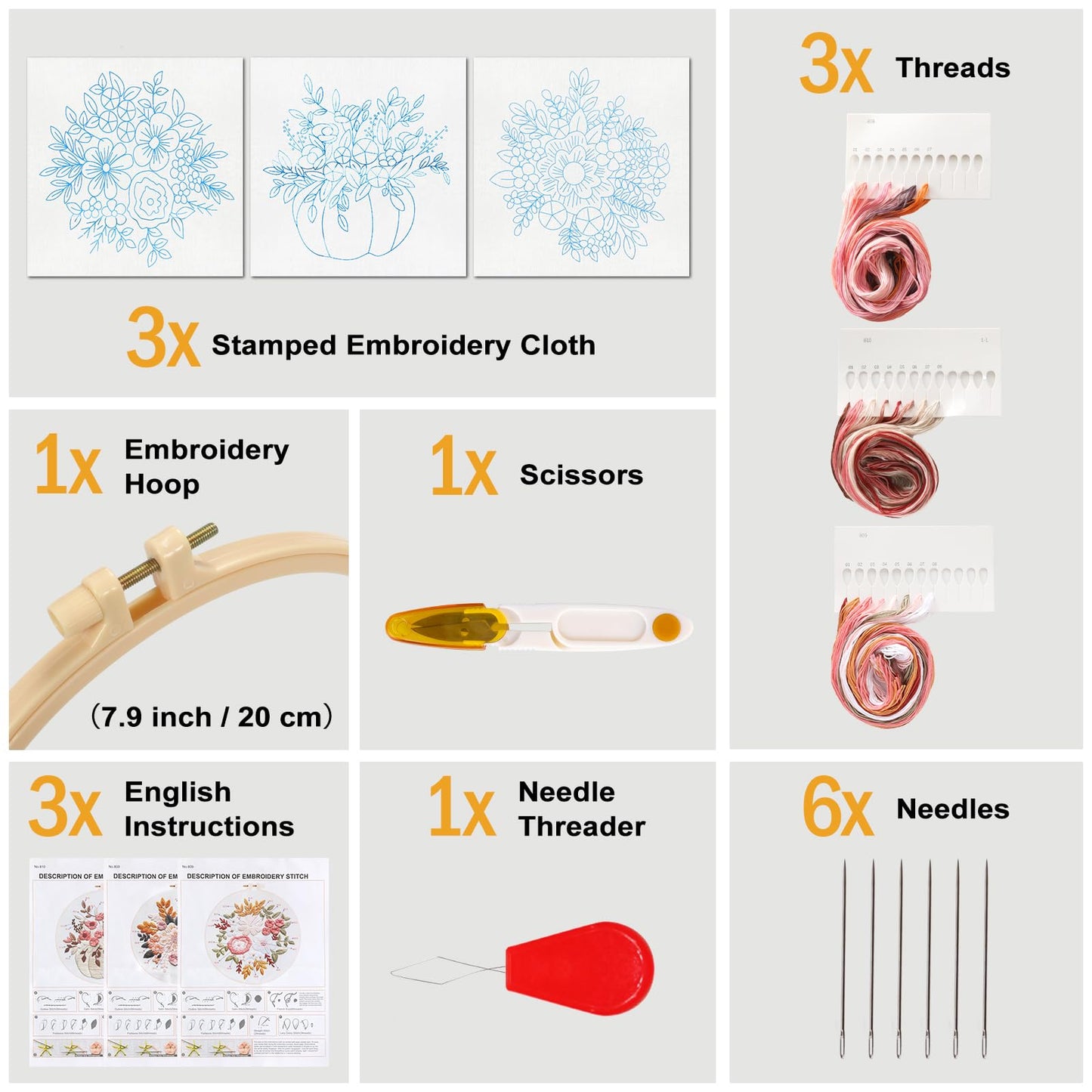 Embroidery Kit for Beginners, 3 Sets Stamped Cross Stitch Kits for Beginner, Floral Pattern Embroidery Starter Kits for Adults with Embroidery Hoop Instructions Threads and Needles Scissors