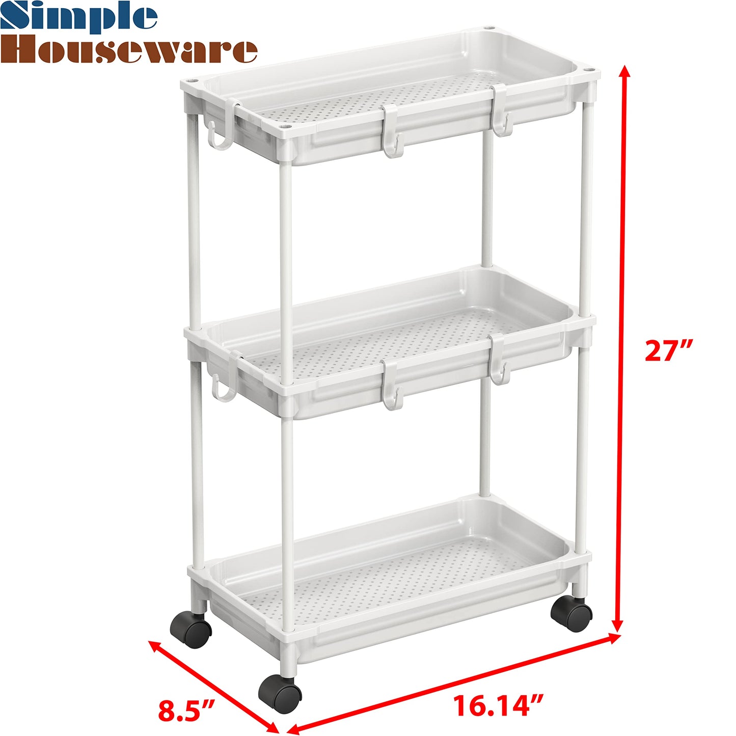 Simple Houseware Standard 3-Tier Slim Rolling Storage Cart, White