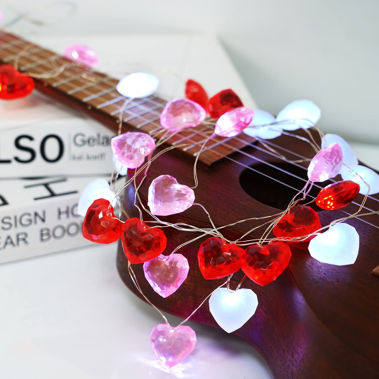 Valentine Day Decor 10 ft 30 LEDs 3D Heart Lights, Red White Pink Fairy String Lights with Remote Battery Operated, Valentines Decorations for The Home Bedroom Garland Wedding Indoor Timer