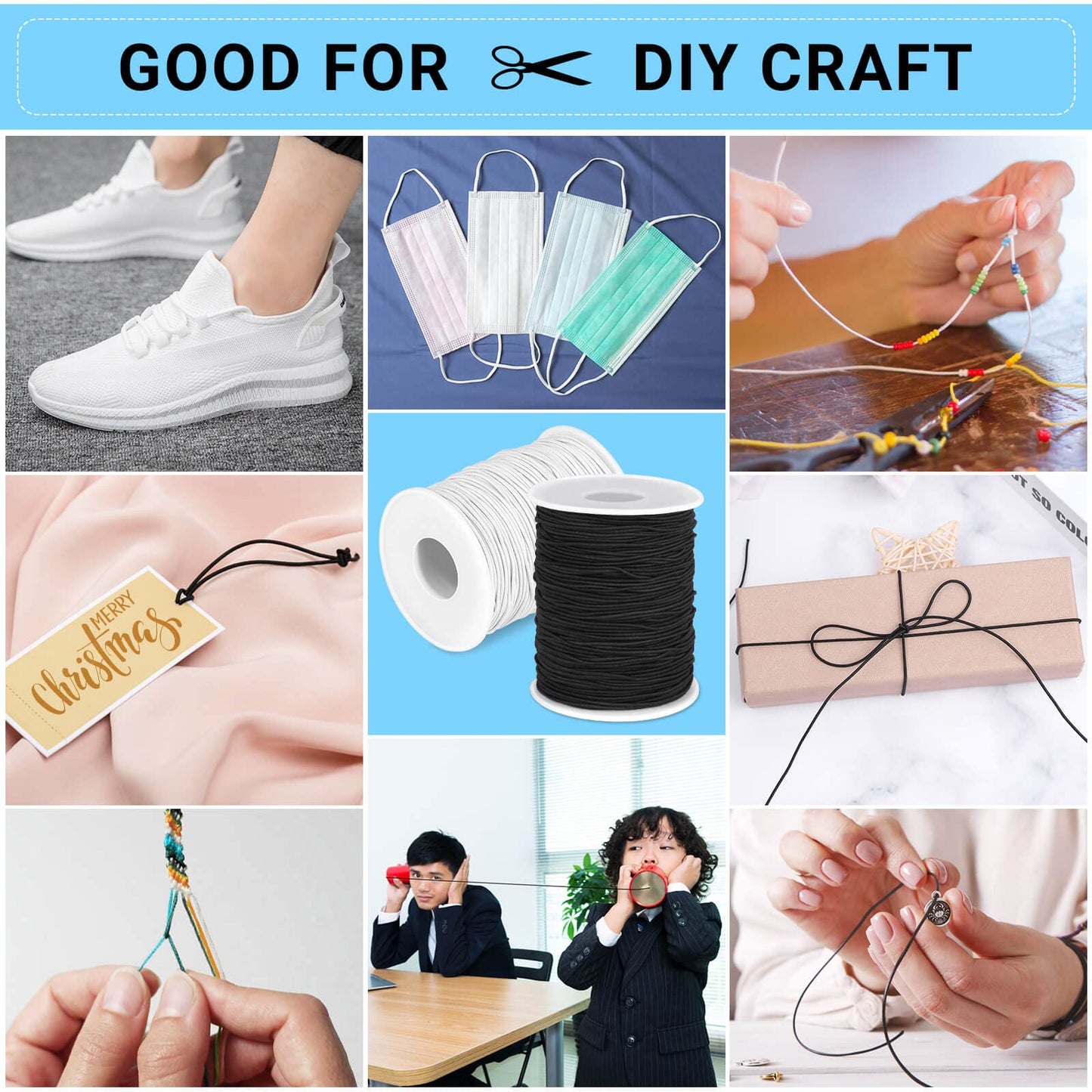 Elastic String Cord, Selizo 2 Pack Stretchy String for Bracelets, Necklace, Beading, Jewelry Making and Sewing (1.2 MM, 109 Yards, Black & White)