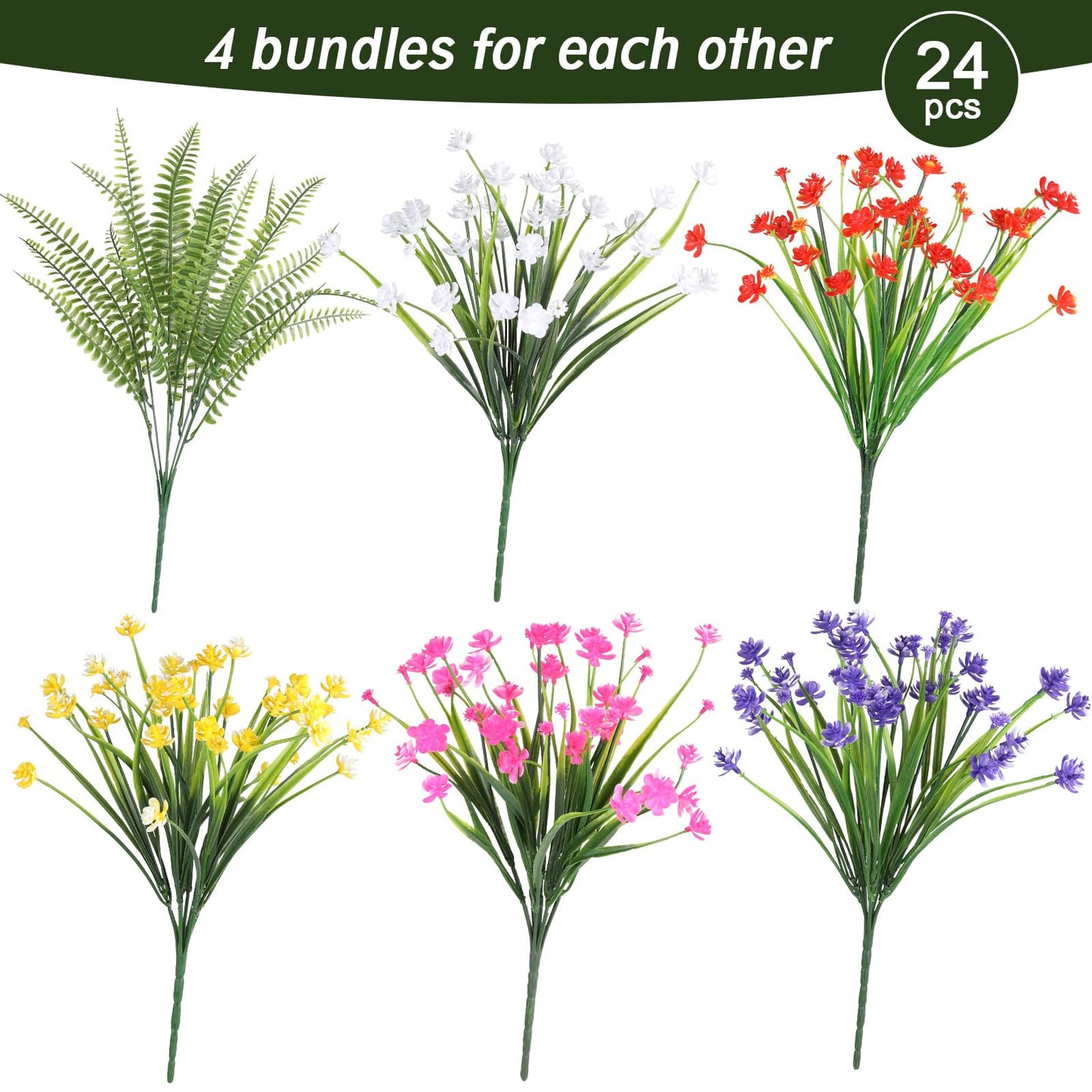 AmberFun 24 Bundles Artificial Outdoor Flowers, UV Resistant Faux Flowers for Outdoor Planters, Plastic Fake Plants for Front Porch Patio Garden Hanging Basket