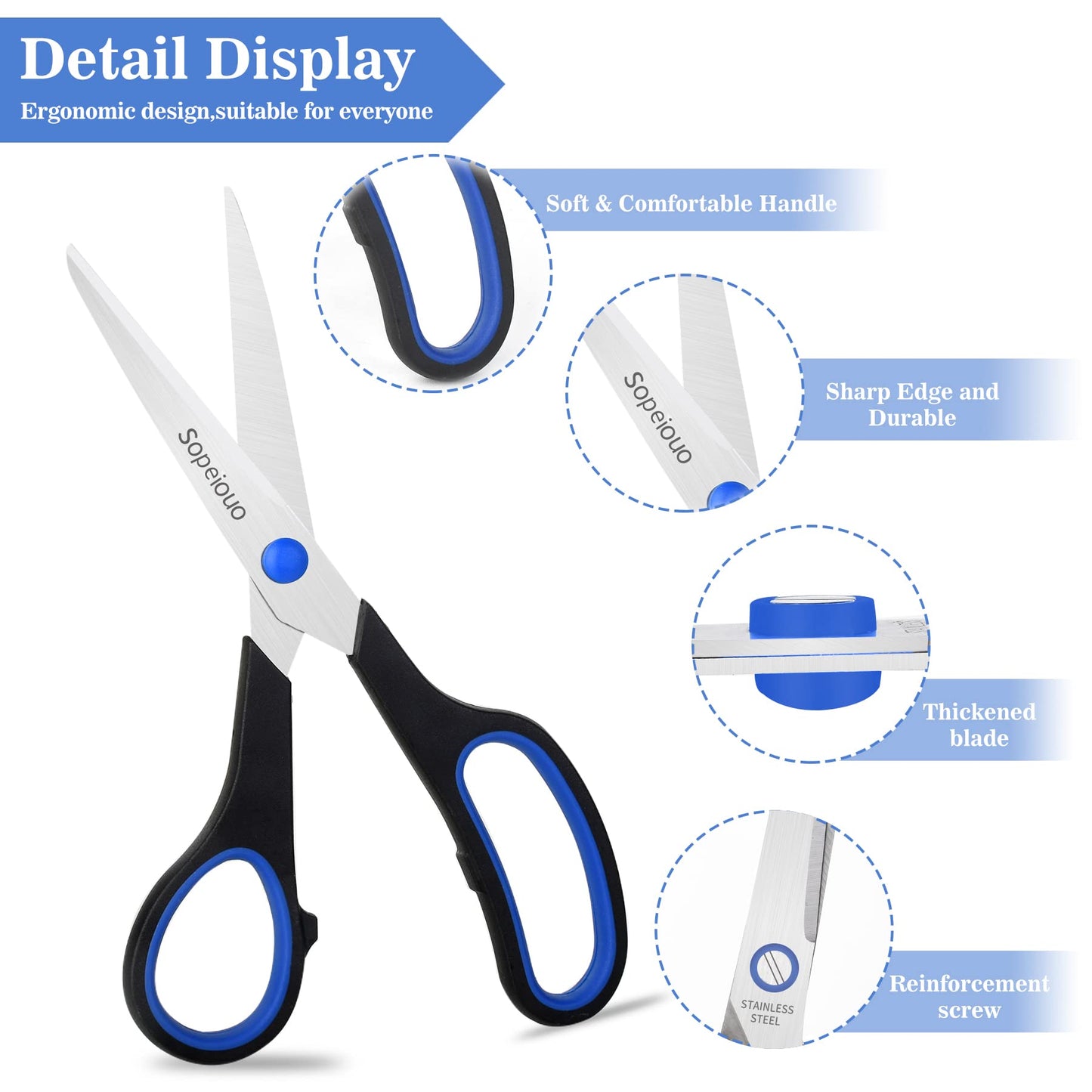 Scissors Set of 6-Pack, 8" Scissors All Purpose Comfort-Grip Handles Sharp Scissors for Office Home School Craft Sewing Fabric Supplies, High/Middle School Student Teacher Scissor, Right/Left Hand
