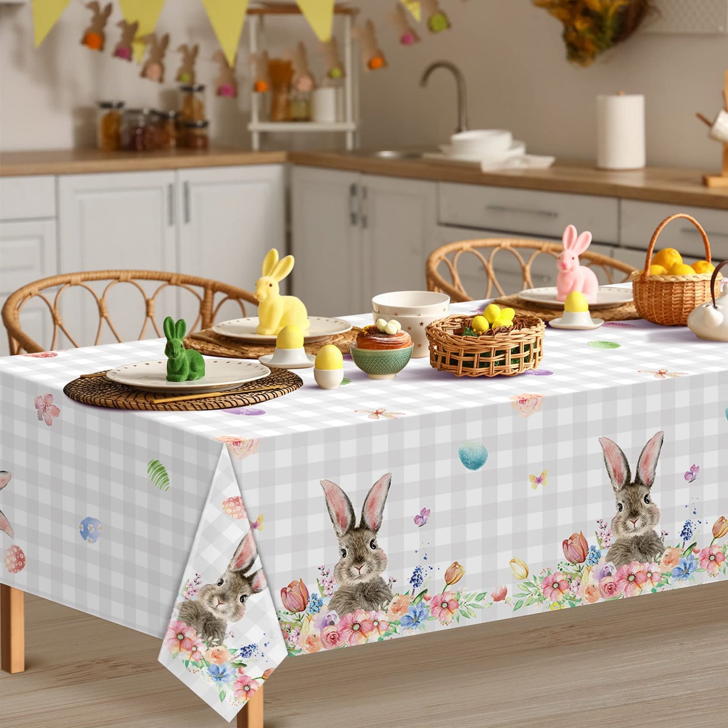 3Pcs Spring Easter Bunny Buffalo Plaid Checkered Tablecloth Decorations,Plastic Rabbit Egg Floral Pastel Dinner Table cover for Indoor Outdoor Birthday Easter Baby Shower Party Supplies,54x108 Inch