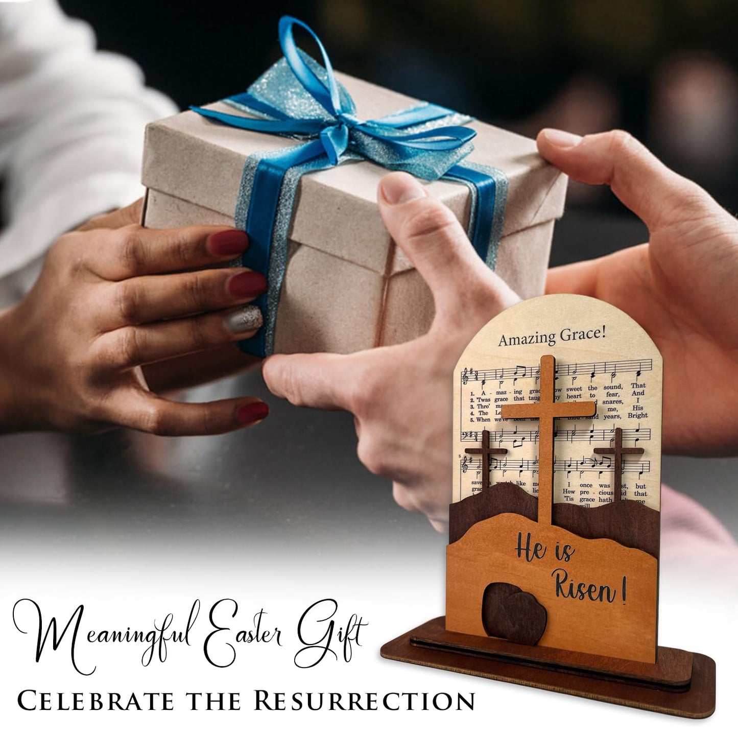 He Is Risen Sign Easter Decorations For Home, Amazing Grace Layered Wood Plaque, Easter Gifts For Women, Men, Adults, Religious Christian Gifts For Women