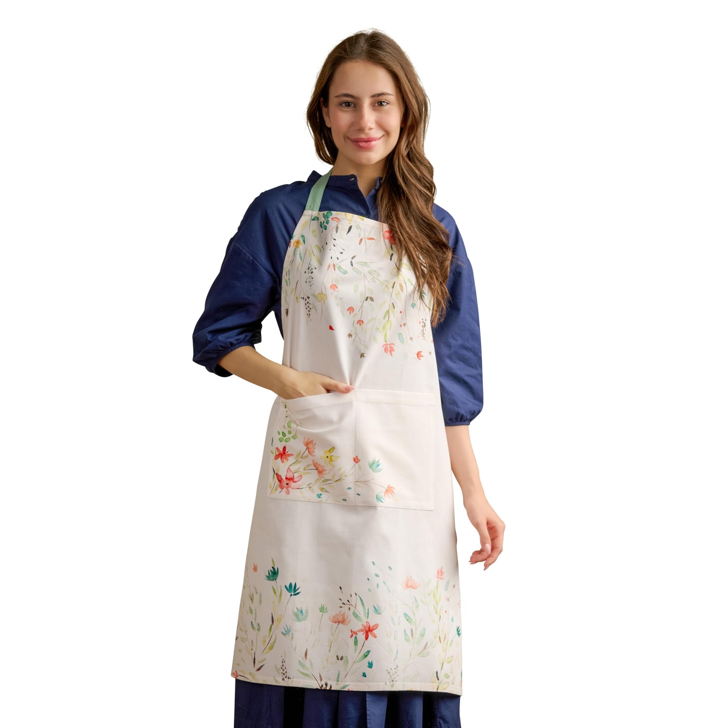 Apron for women with Pocket 100% Cotton 27.50"x31.50" 1 Piece Adjustable Neck Strap & long ties Apron Men, Chef, Wedding, Cooking, Gardening, Server Spring/Summer (Colmar)