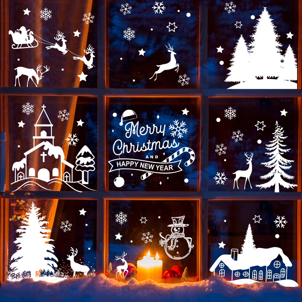 9 Sheets Christmas Window Clings - Tree Snowman Snowflakes Reindeer Decals for Winter Glass Decoration