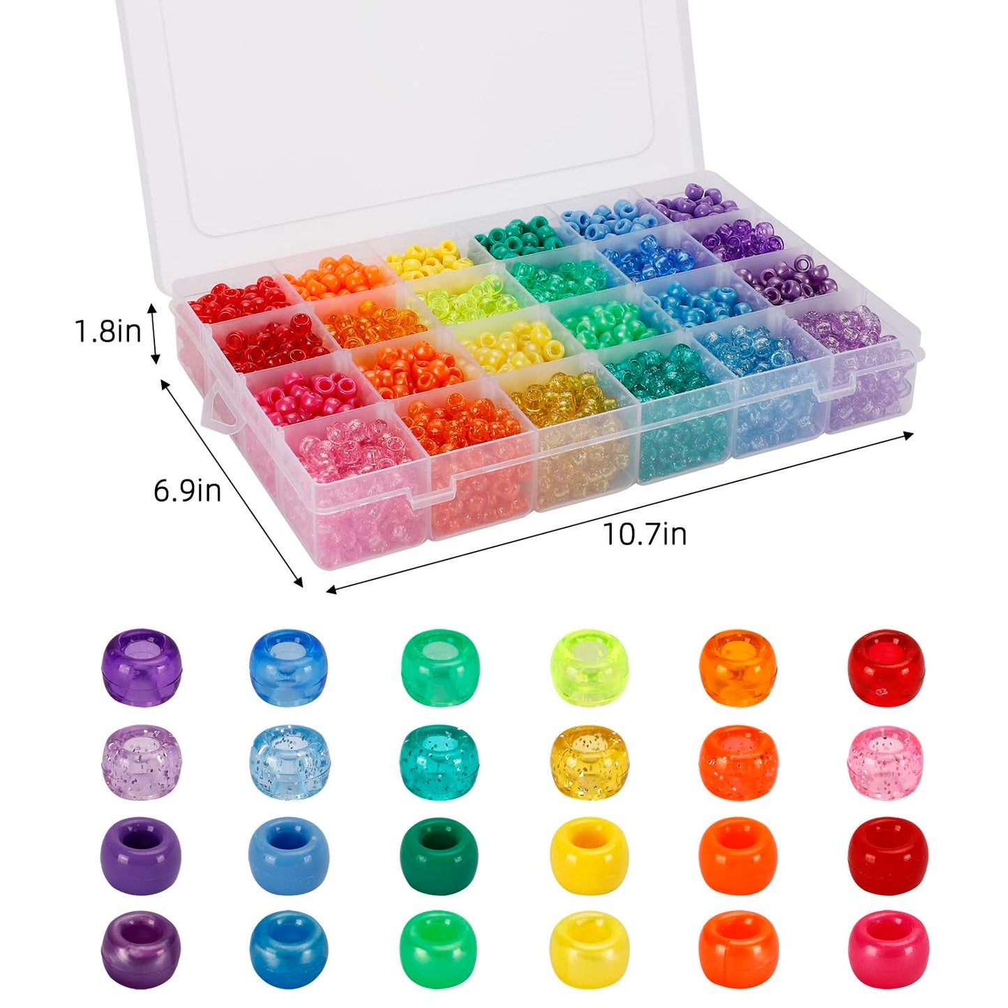 Quefe 2880pcs Pony Beads Kit, Kandi Beads for Hair, Rainbow Beads Plastic Bead for Craft 6 x 9mm 24 Colors 4 Styles Large Hole Beads Set for Bracelets Jewelry Making
