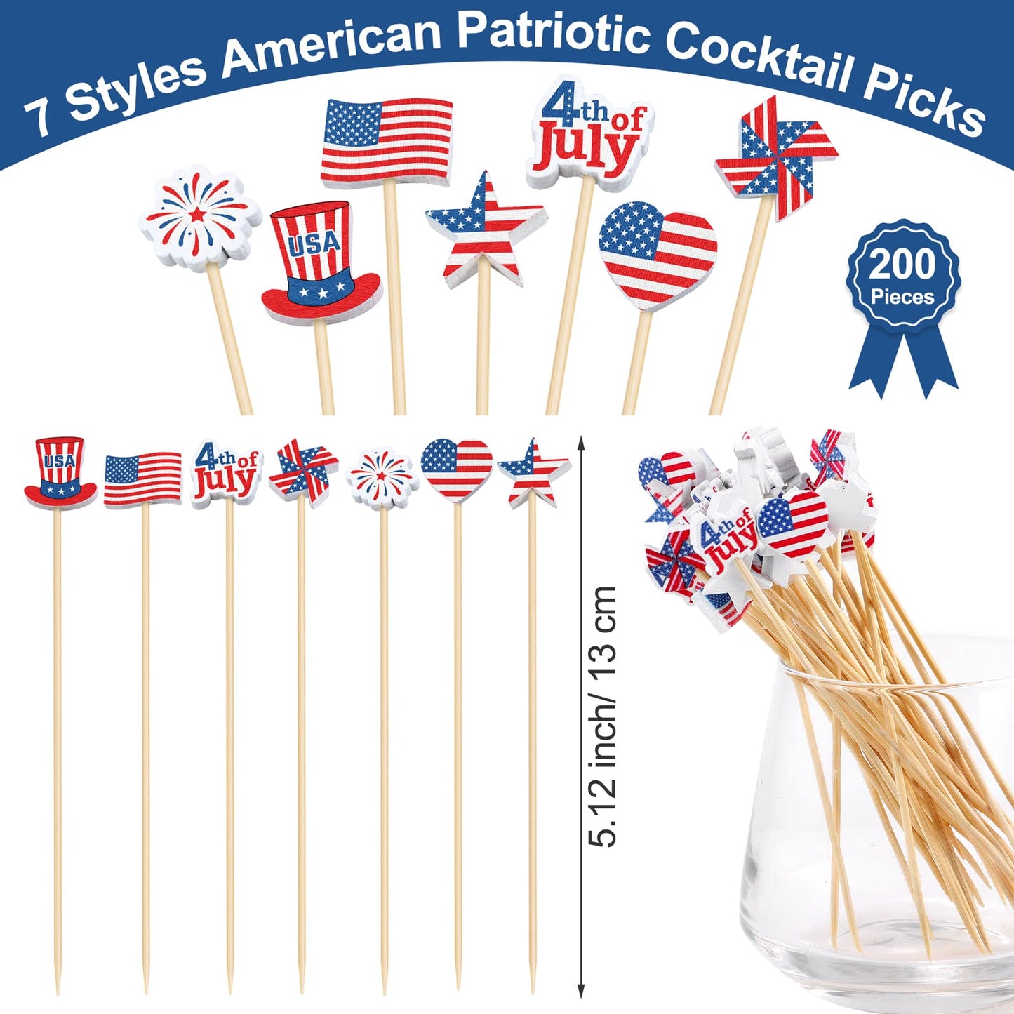 Aodaer 200 Pieces 4th of July Mini American Patriotic Cocktail Picks Independece Day Toothpicks Cocktail Sticks Wooden Cupcake Toppers for Food Fruit Sandwich Appetizer Drinks Party Decoration