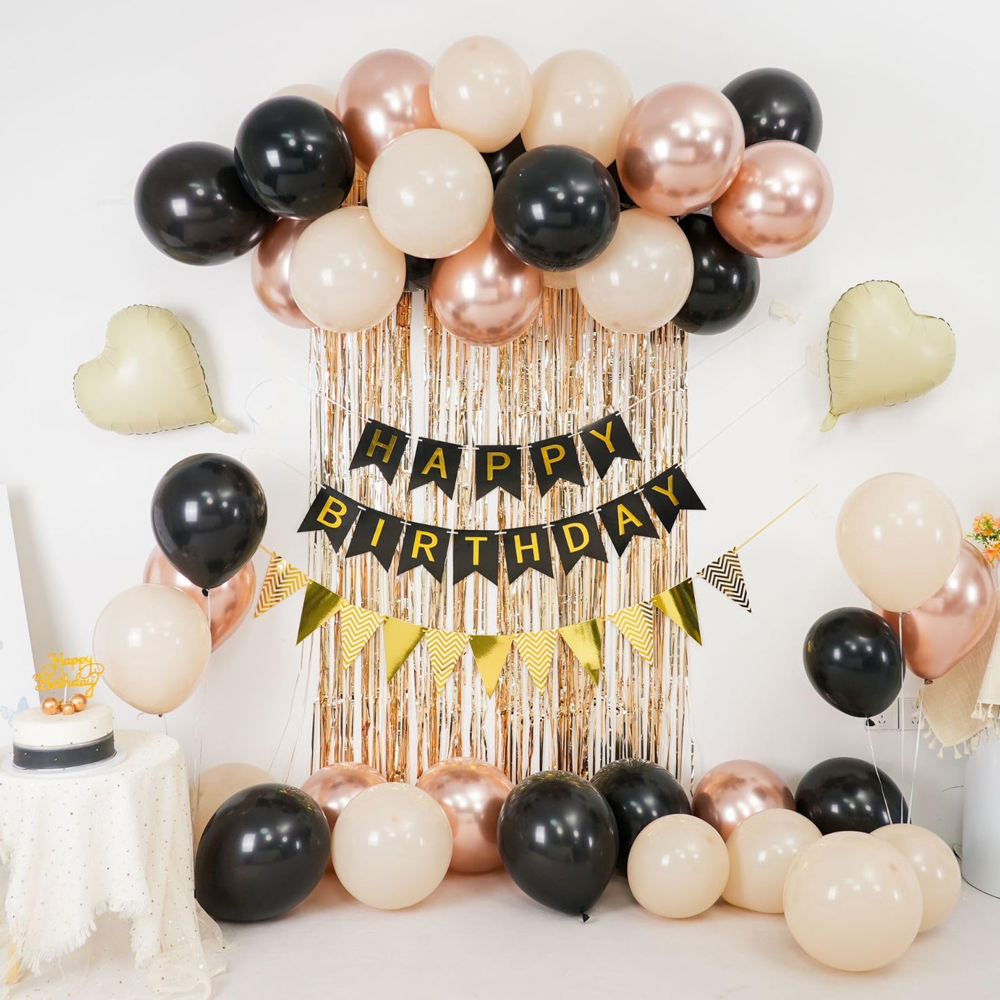 Black Gold Birthday Decorations,Party Decorations with Sand White Champagne Gold Balloon Heart Balloons Happy Birthday Banner Fringe Curtain for Women Men Boho Baby Shower Birthday Party Decor