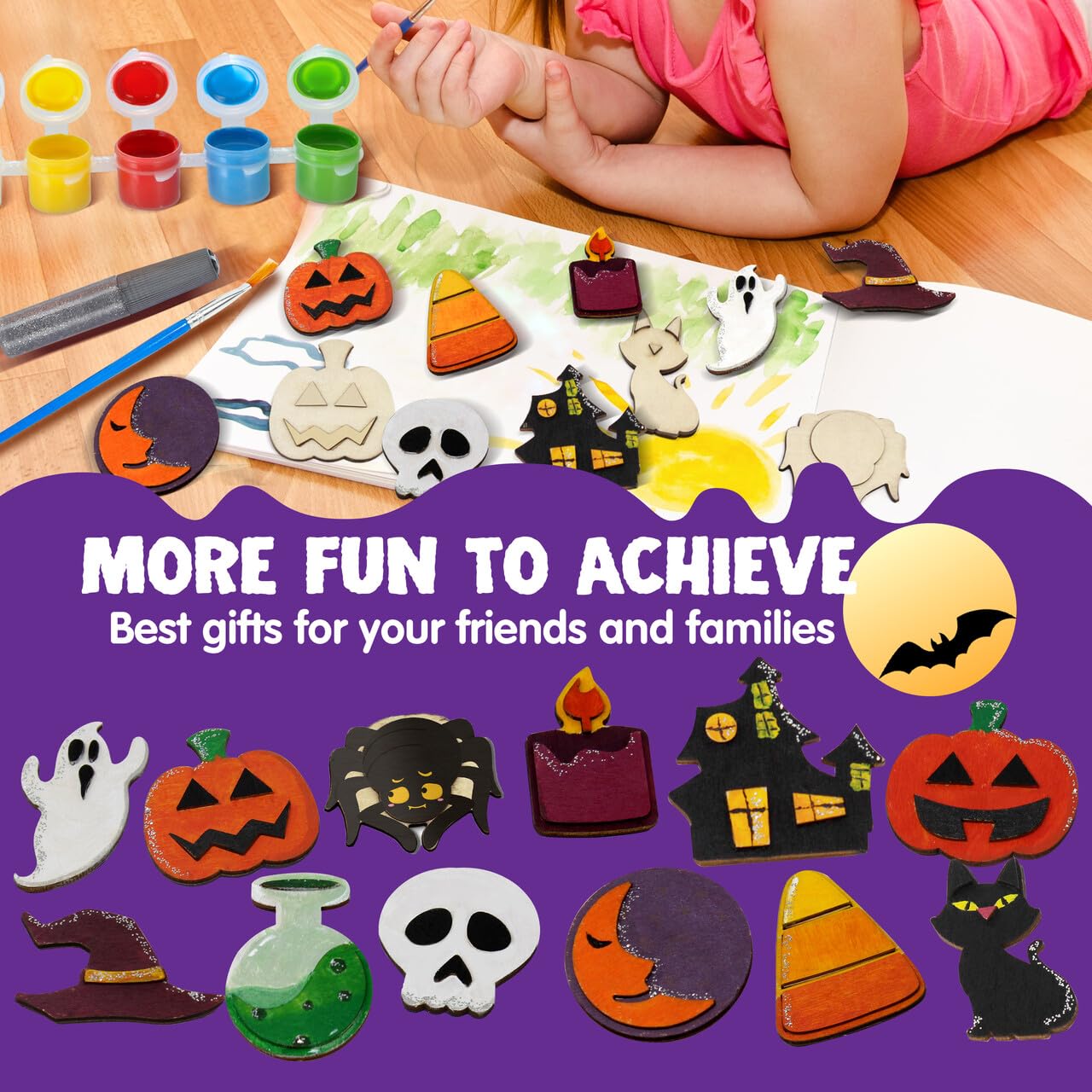 12 Pcs Halloween Wood Craft Kit, Wooden Magnet Creativity Arts Painting Kit, DIY Halloween Painting Craft for Kids Party Supplies, Toddler Party Favors Family School Activities
