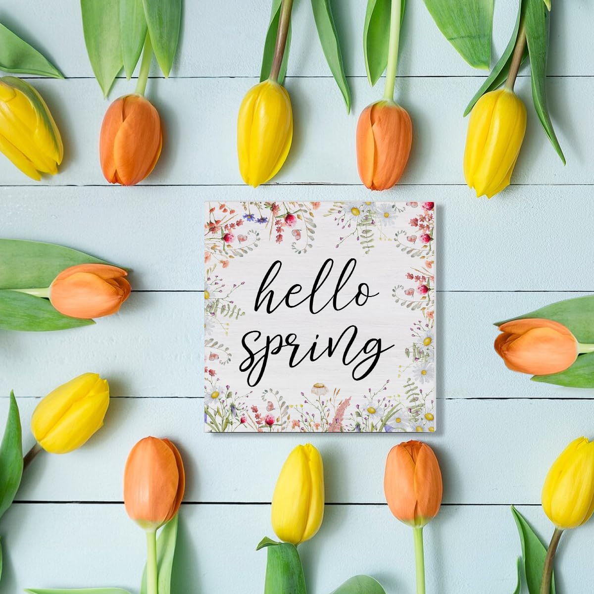 Spring Decor Farmhouse Desk Decorations Wooden Sign, Hello Spring Wood Plaque Block Sign Rustic Home Decor 5 x 5 Inches