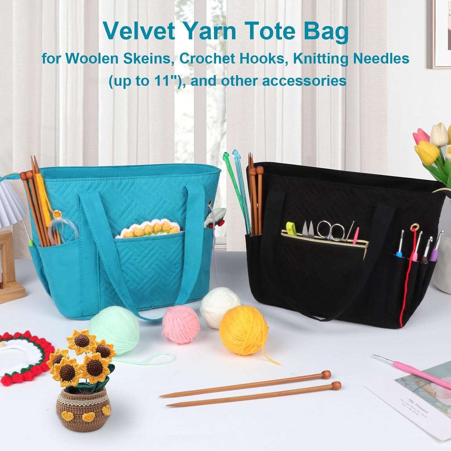 Crochet Bag Organizer for Yarn Storage, Velvet Knitting Tote Bag with Double Handle for Crochet Accessories, Portable Travel Case for Yarn Balls, Crochet Hooks& Knitting Needles Holder (Teal)