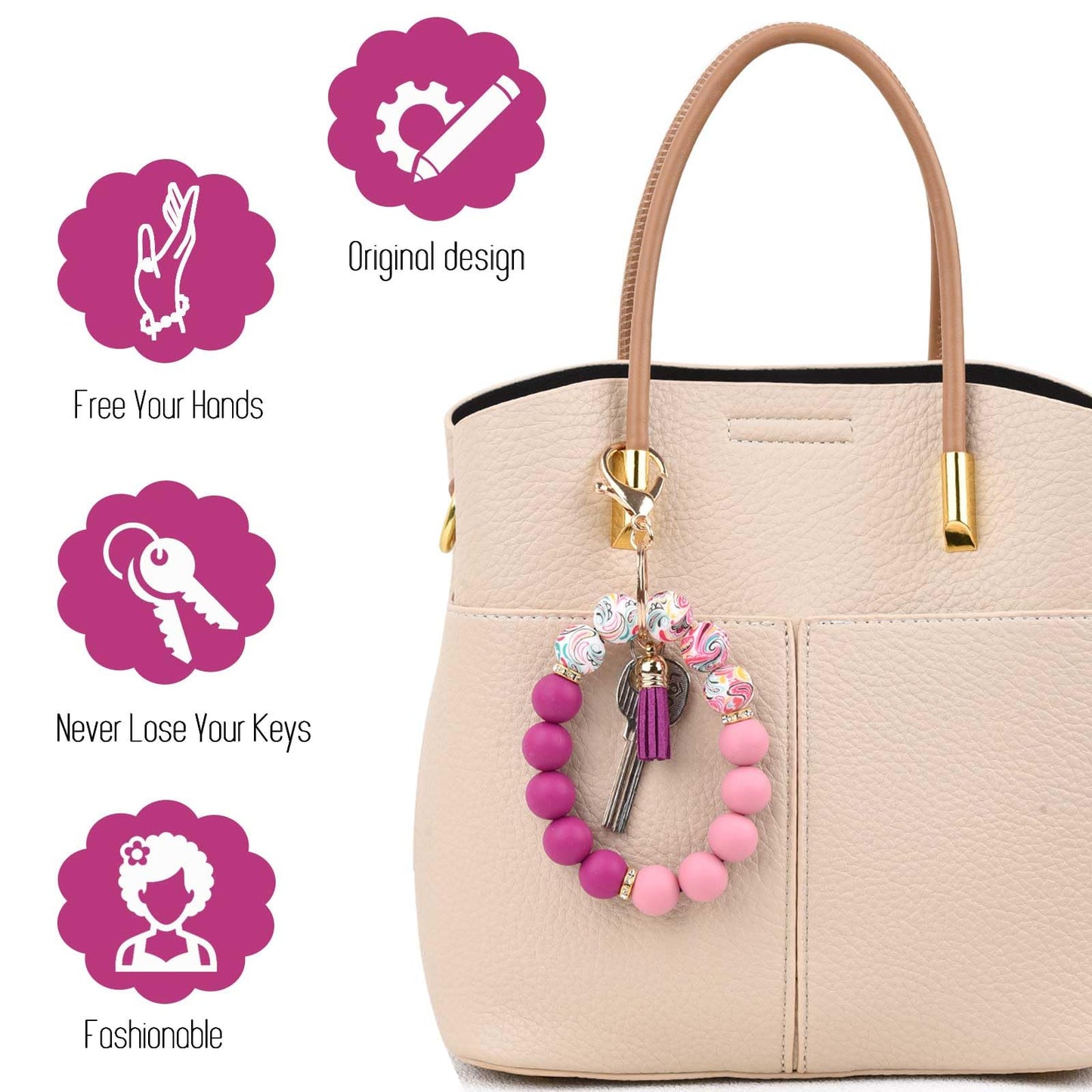 BAOSIWA Silicone Beaded Keychain Wristlet Key Ring Bracelet Cute Plum Car Key Chain Holder for Women Girls