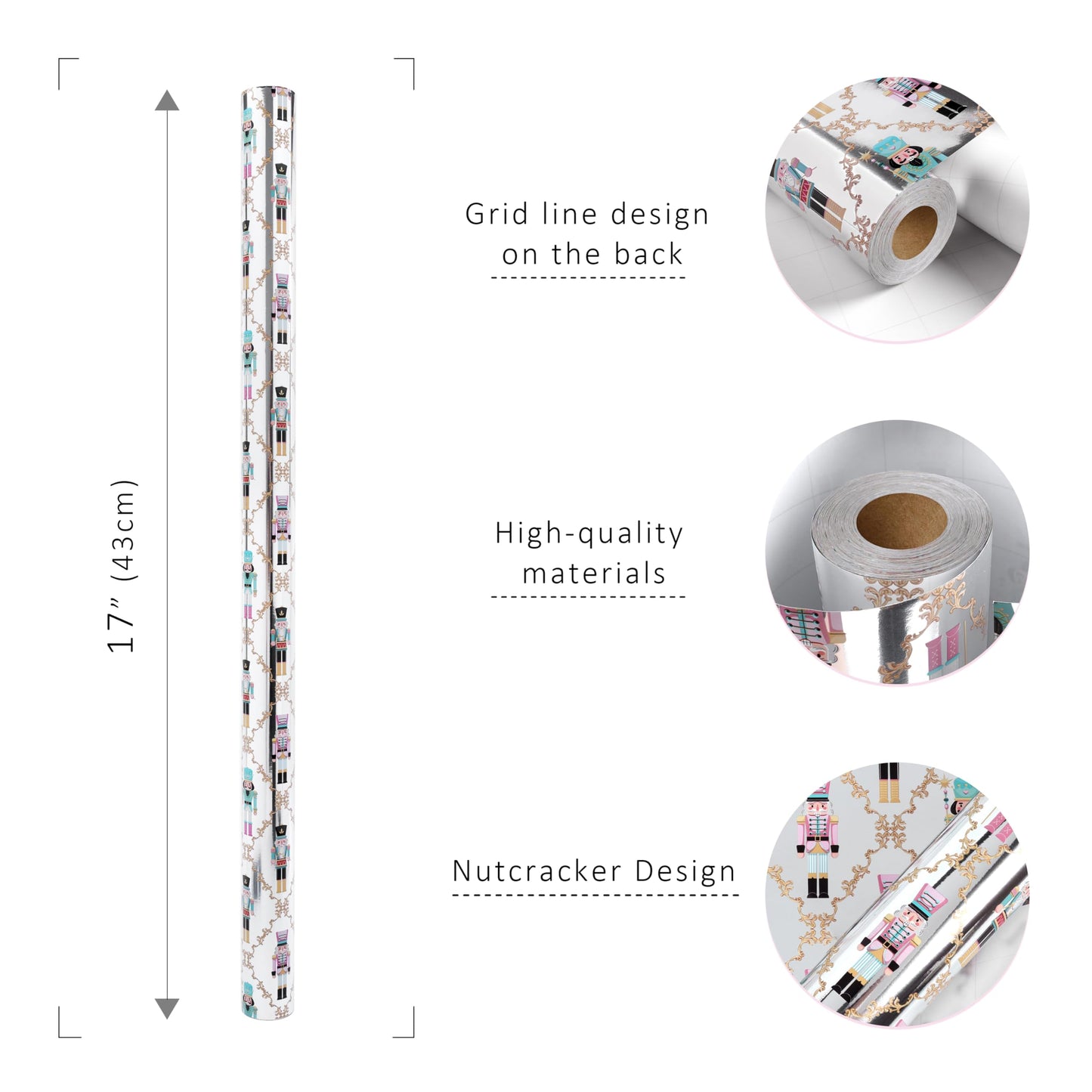 Christmas Foil Wrapping Paper - Mini Roll, Nutcracker Gift Wrap for Christmas, Holiday, Xmas Party Celebration, 17 Inch x 33 Feet