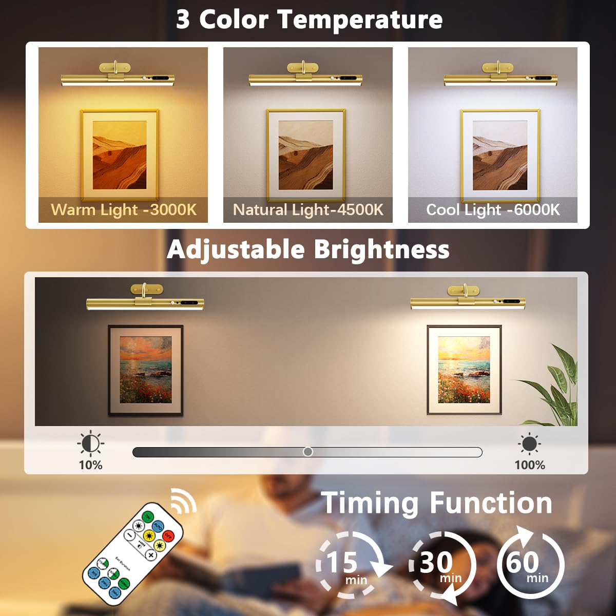 Hapfish Motion Sensor Battery Operated Wall Sconce, Wireless Picture Lights for Wall, Rechargeable Magnetic Art Lighting with Remote Control, Battery Picture Light for Poster Dartboard Mirror – Gold