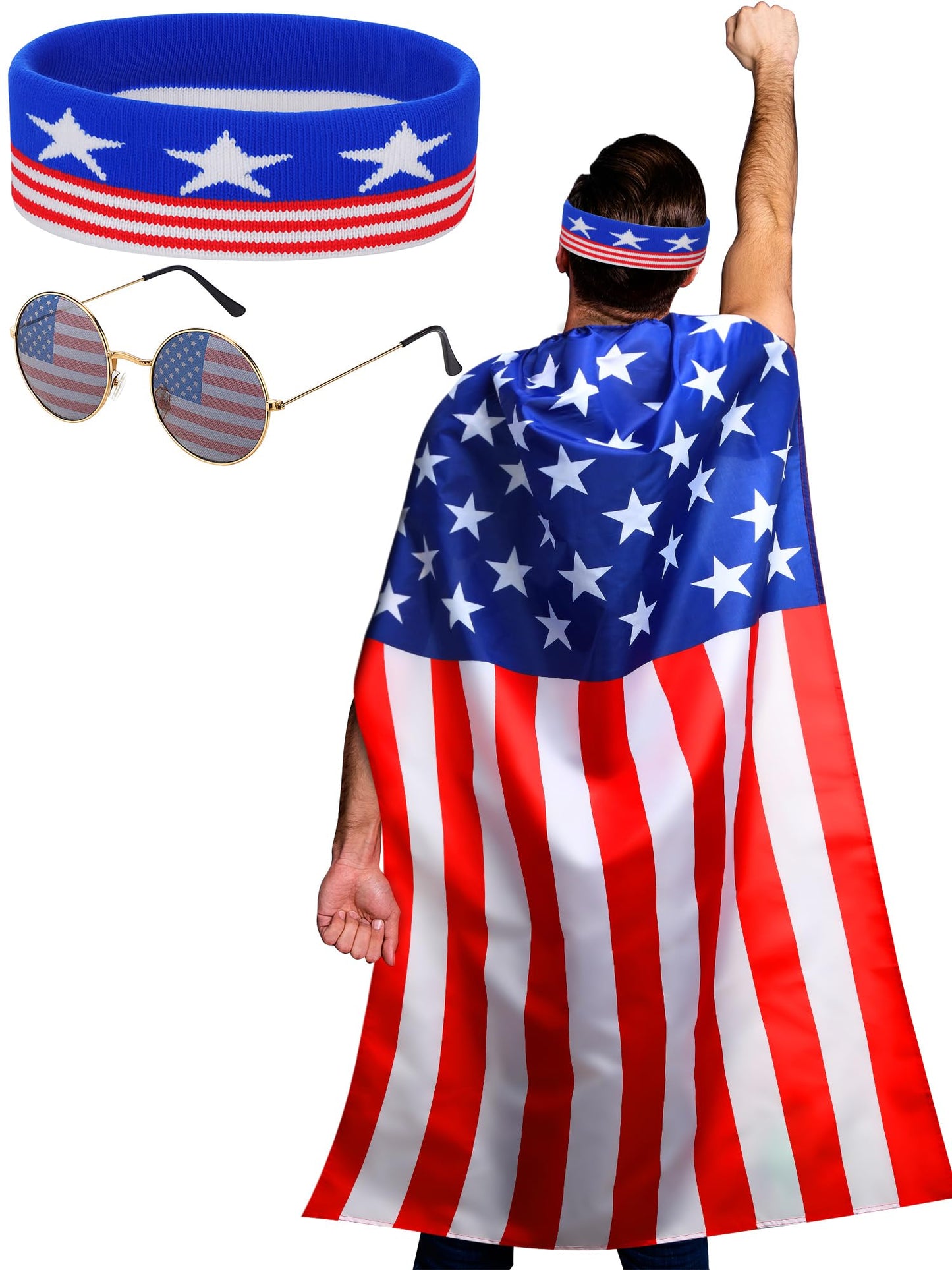 Frienda American Flag Costume Cape, 4th of July 250th Retro 80's USA Sunglasses and Flag Headband for 250th Anniversary(Popular Style)
