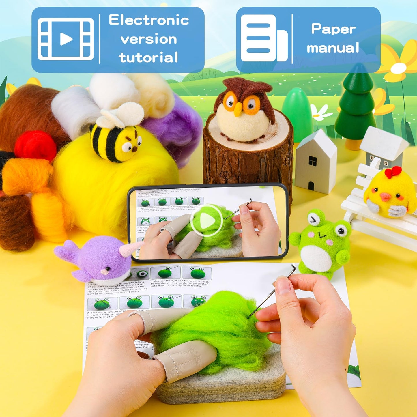 Needle Felting Kit, 5 PCS Animal Felting Kits for Beginners Adults, Wool Felting Kit Including Wool Roving, Foam Pad, Felting Needles and Instructions for DIY Felting Starters