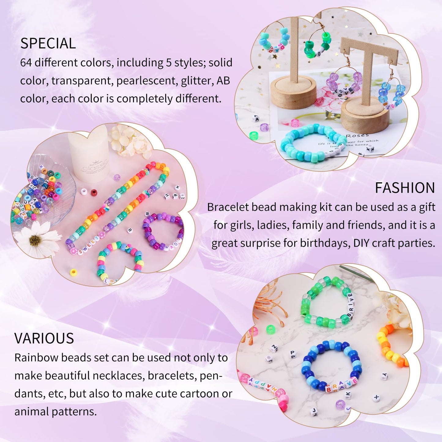 QUEFE 2350pcs, 64 Colors, Pony Beads for Bracelet Making Kit, Rainbow Kandi Beads Friendship Bracelet Kit, Letter Beads and Elastic Strings for Bracelet Necklace Making, Craft Gifts Set for Girls