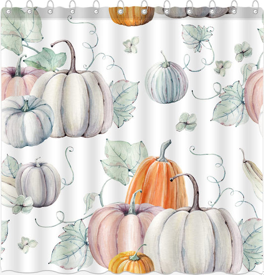 DePhoto Fall Shower Curtain for Bathroom Watercolor Pumpkin Happy Thanksgiving Bumper harvest Poliester Fabric Decoration Water proof with 12Hooks 72x72inch