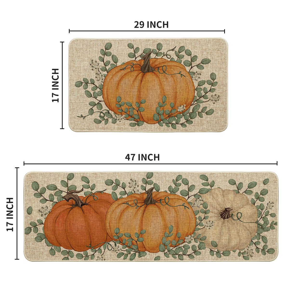 Artoid Mode Orange Pumpkin Eucalyptus Fall Kitchen Mats Set of 2, Autumn Home Decor Low-Profile Kitchen Rugs for Floor - 17x29 and 17x47 Inch