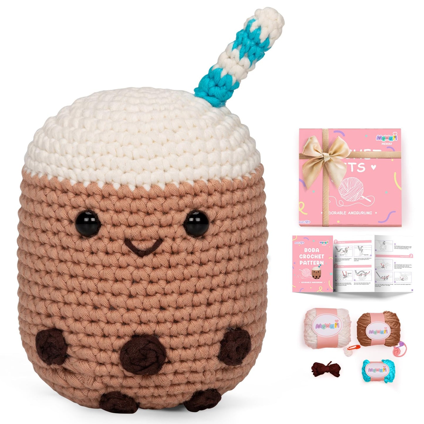 Crochet Kit for Beginners Level 1 with 40% Extra Pre-Started Easy Yarn, Step-by-Step Video Tutorials for Adults and Kids (Boba)