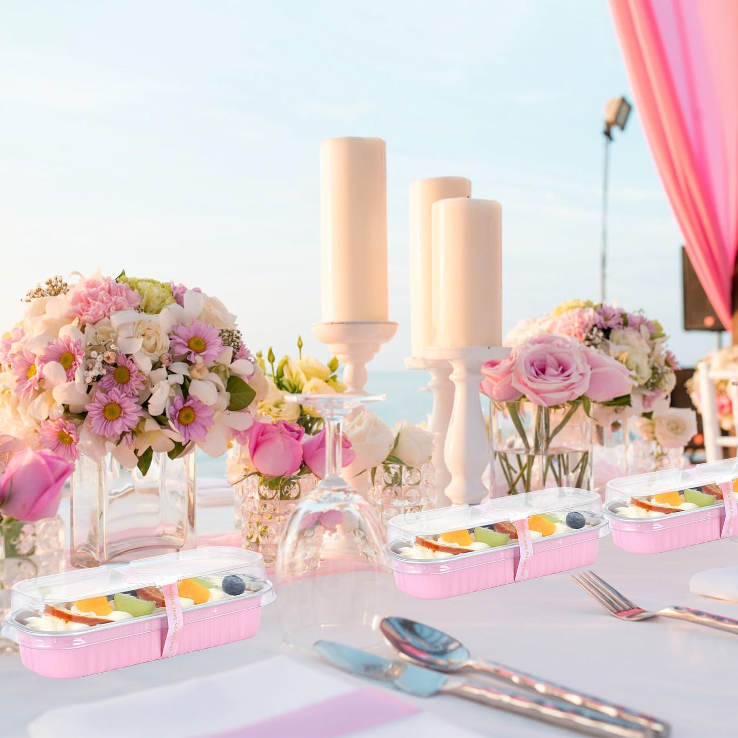 JuneHeart Mini Loaf Pans with Lids and Spoons, 30 Pack, Pink, 6.8oz, Rectangular Aluminum Foil Baking Pans