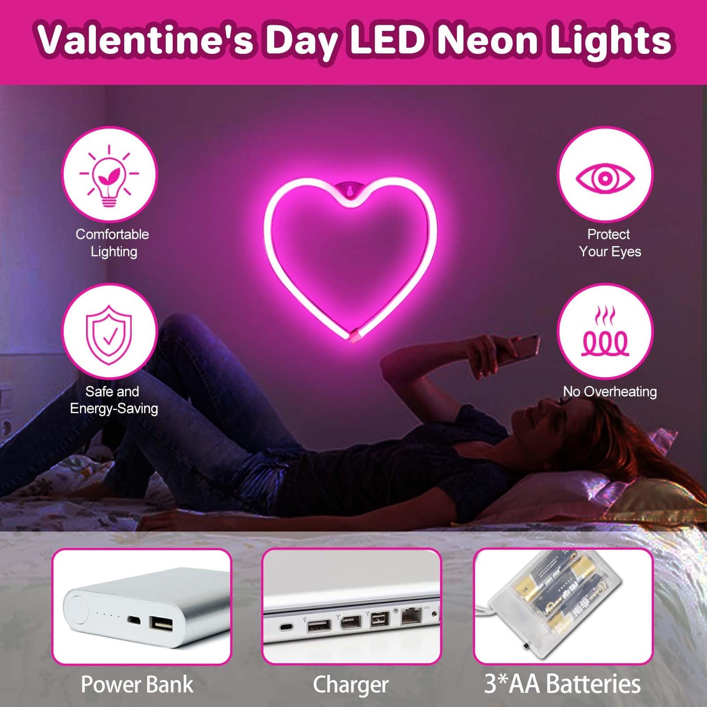 2 Pack Heart Neon Sign LED Neon Lights for Wall Window Decor Valentine's Girl Room Wedding Party Dorm(Pink,Red)