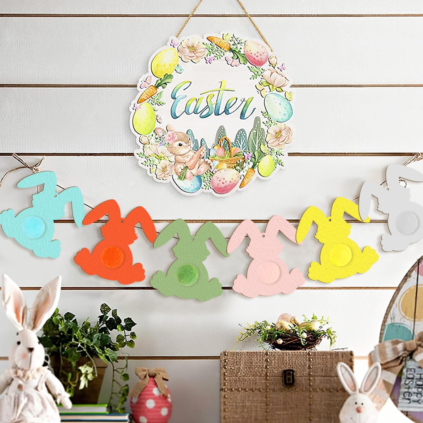 Wooden Rabbit Ornaments to Paint Easter Decoration Cutouts Unfinished 24PCS 3.5 x 3 inches, DIY Blank Bunny Unfinished Wood Discs Ornament for Home Crafts Hanging Spring Decoration