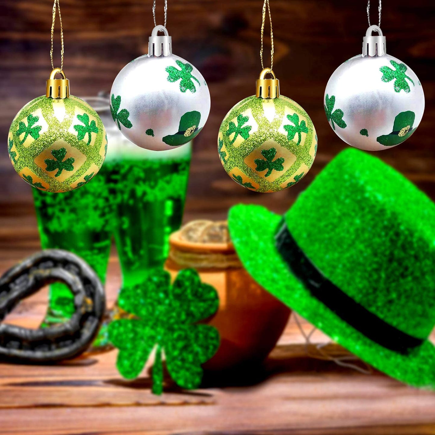 Iceyyyy 12 Pcs St Patrick Ornament Ball-St. Patrick's Shamrock Hanging Ball Ornament，Good Luck Clover Decoration Baubles for Home，Party，Festival Decor… (St. Patricks Balls)
