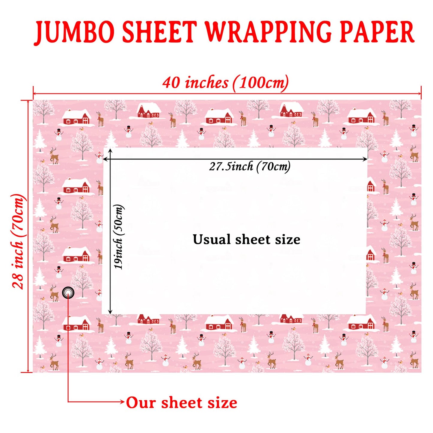 Cuitpan Pink Christmas Wrapping Paper - Xmas Gift Wrap with Snowy Houses, Reindeer, Snowmen & Trees Design - Perfect for Kids & Adults Gift Wrapping - 40×28 Inches, 4 Folded Sheets