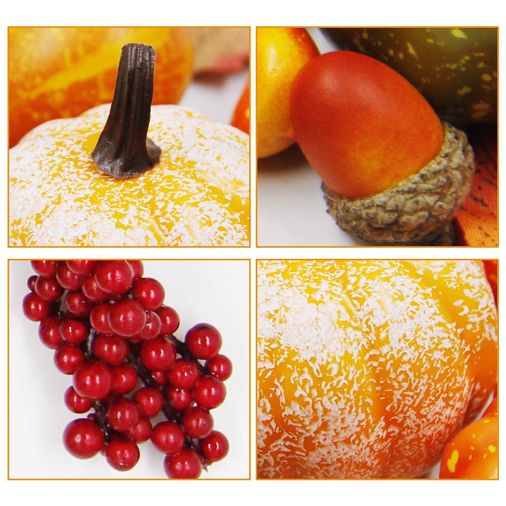 winemana Thanksgiving Harvest Mini Artificial Pumpkins, 30 Maple Leaves 10 Acorns 2 Pinecones 8 Pumpkins 2 Red Berry 5 Pomegranate Pumpkin Decoration for Fall Autumn Harvest Day, Set of 57