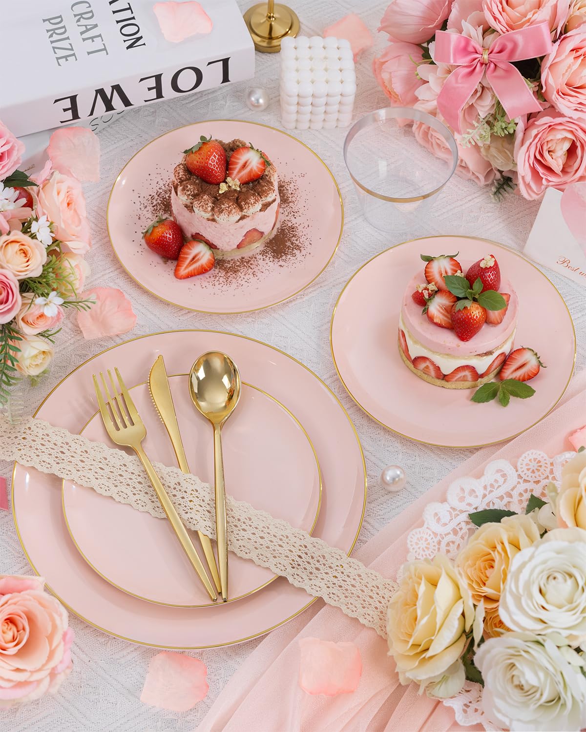bUCLA 150PCS Pink Plastic Plates - Pink and Gold Disposable Include 25 Each (Dinner & Dessert) Plates, 25 Knives, 25 Forks, 25 Spoons and 25 Cups, Ideal for Party, Wedding & Easter