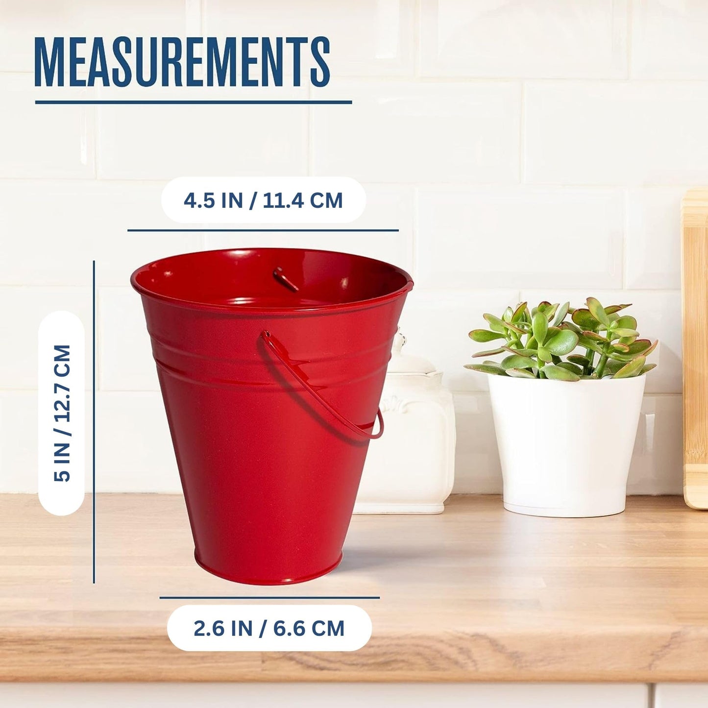 Metal Buckets, Galvanized Buckets, Small Buckets, 4.5" W x 5" H, 12 Pack, Tin Buckets, Mini Buckets, Small Metal Bucket, Metal Pail, Small Pail, with Handle, Red, for Party Favors, Classroom, Crafts