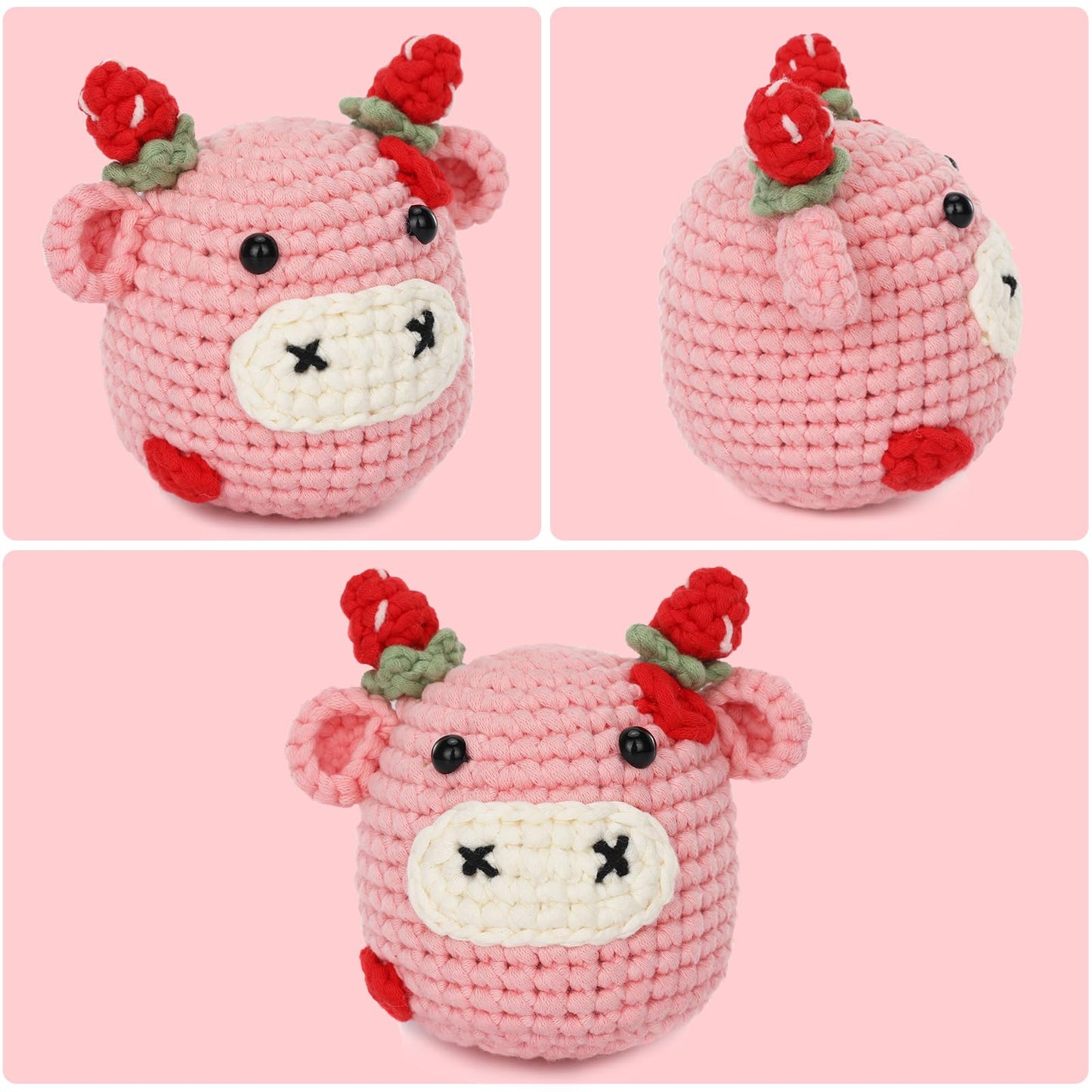 Crochet Kit for Beginners Adults - Cow Starters Crocheting Animal Kits for Kids, DIY Craft Birthday Gift with Crochet Yarns, Hook, Step-by-Step Video, Instruction and Crochet Accessories