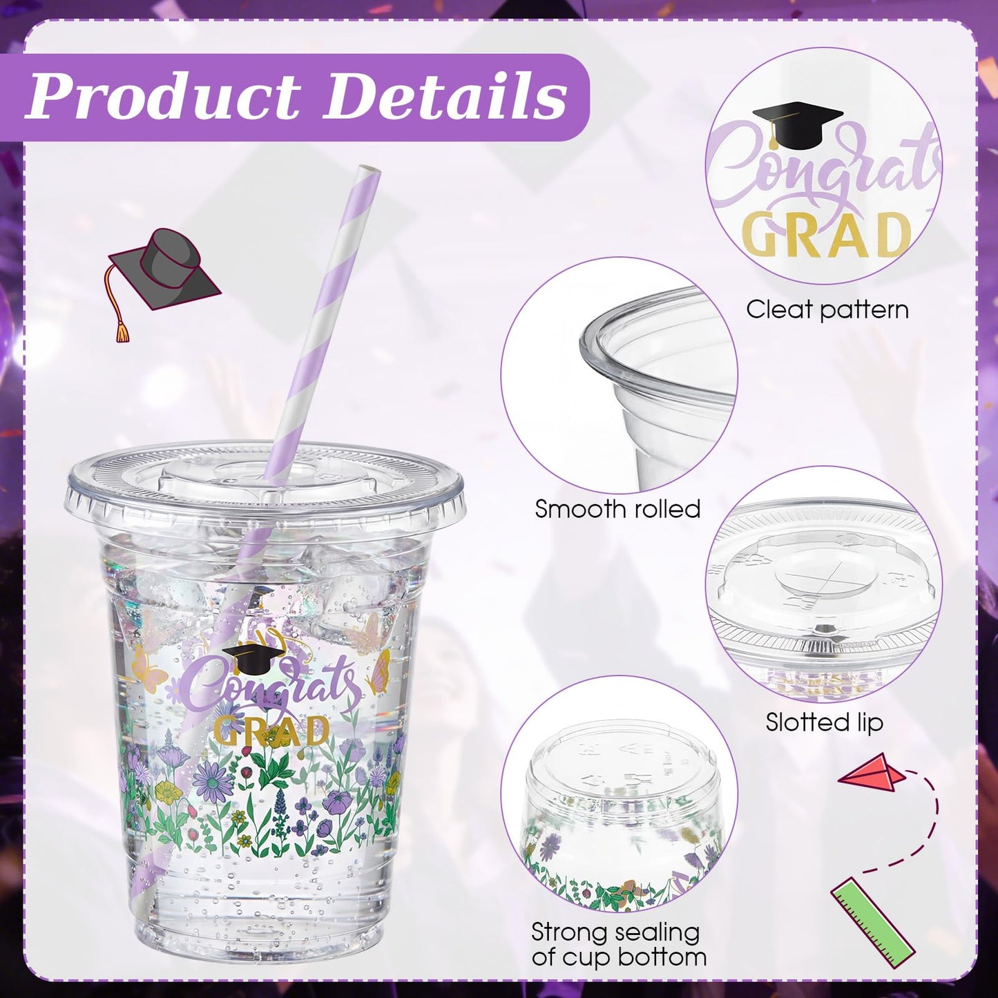 Sliner 50 Sets 16 oz Purple Graduation Plastic Cups Wildflower Congrats Grad Disposable Drinking Cups with Lids and Paper Straws for Hot Cold Drinks Class of 2026 Graduation Party Supplies